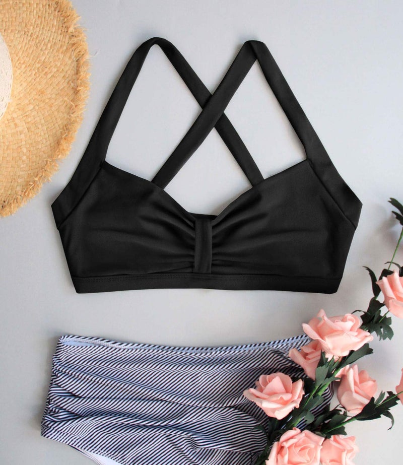 Balasami Women's Retro Printed Adjustable Thick Straps Cross Back Push Up Vintage Bikini Swimsuit Tops Only Black - Image 3